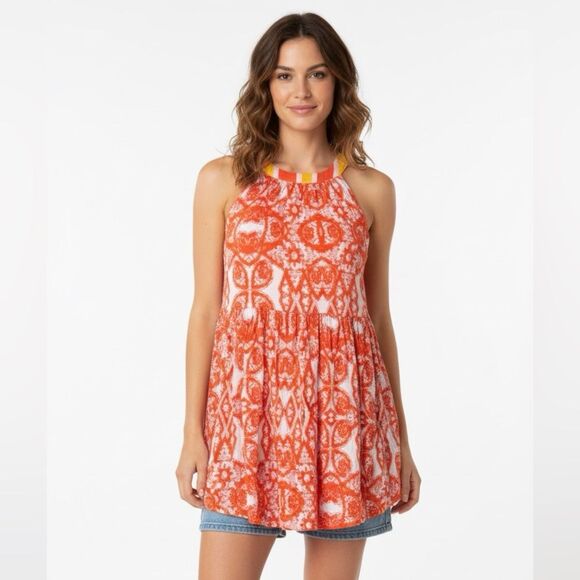 FREE PEOPLE Women’s Medium Orange Midsummer's Day Printed Halter Tank Tunic Top - Picture 1 of 9